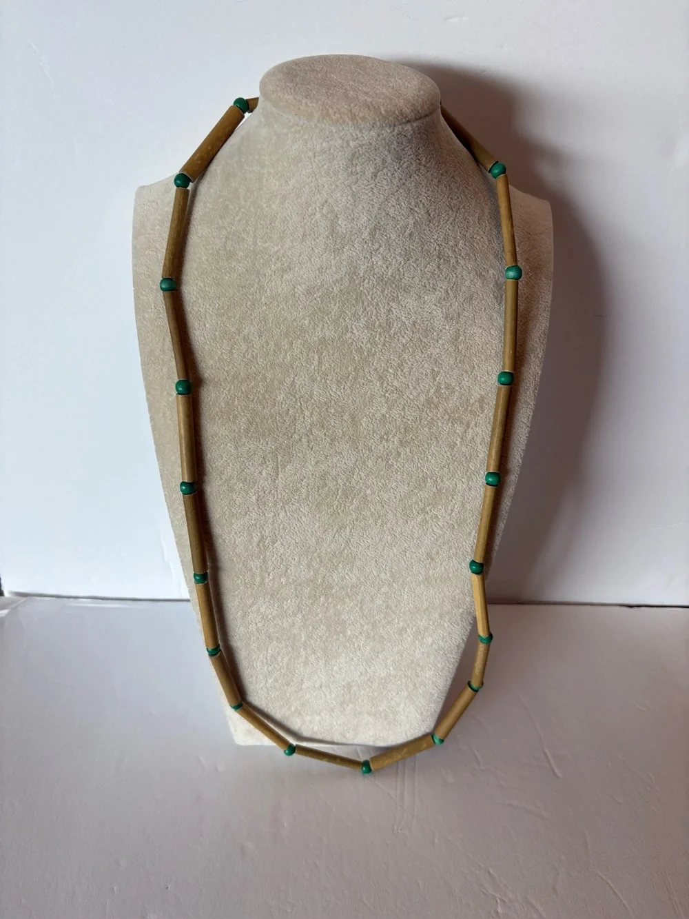 Vintage Bamboo Tube Necklace Green Seed Beads Boho Long Necklace